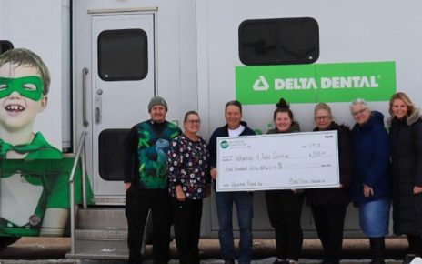 Pictured left to right: Dane Hagen-Truck Coordinator\Driver, Darleen Bothwell-Hygienist, Dr. Steve Fox-Dentist, Jordynn Gehm-Dental Assistant, Sabrina Harmon-WIT Coalition Director, Heidi Lewis-Butte County Round-Up Committee, and Laine Mitchell with Butte Electric.