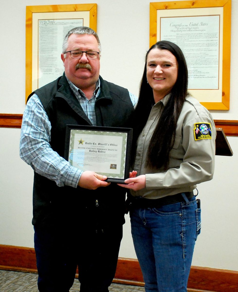 Butte County Sheriff Fred Lamphere presented a commendation to Deputy Bailey Hahne for her bravery during a recent incident.
